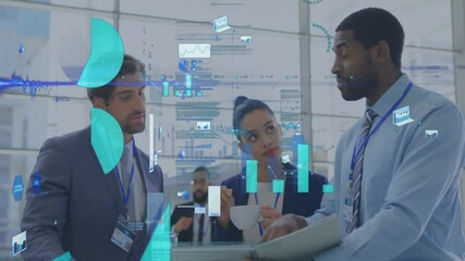 Poster - Animation of financial data processing over diverse colleagues discussing work in office