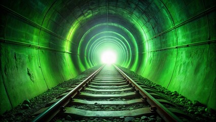 Glowing green tunnel next to a railway track with a green light at the end