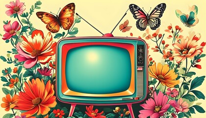 Vintage television adorned with vibrant flowers and butterflies, capturing a nostalgic essence in a colorful, artistic illustration perfect for cards and posters.