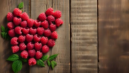 Romantic heart-shaped raspberry arrangement on rustic wooden surface with natural lighting for Valentines Day backdrop or poster design