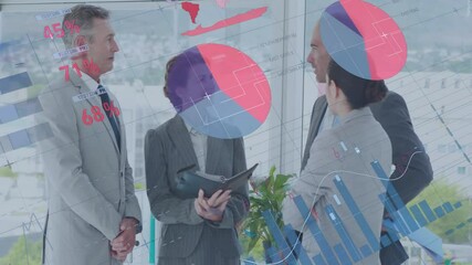 Poster - Animation of financial data processing over diverse colleagues discussing work in office