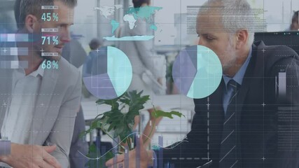 Poster - Animation of financial data processing over diverse colleagues shaking hands in office
