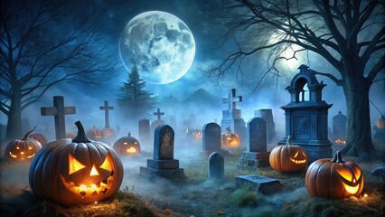 Wall Mural - Spooky graveyard scene with ghostly mist, glowing jack-o-lanterns, and cobweb-covered tombstones, set against a dark blue moonlit sky with eerie shadows and fog.