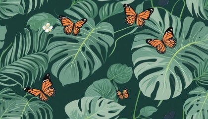 Sticker - monstera leaf flat illustration with butterflies, illustration