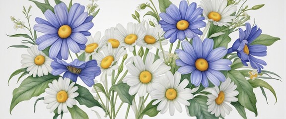 Sticker - Watercolor heart wreath Daisy and bluebell, illustration