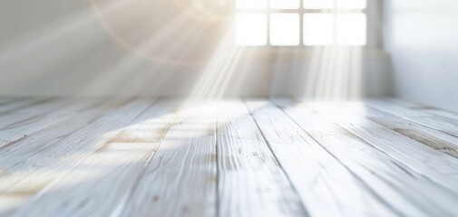 Aufkleber - Bright sun rays streaming through a window, illuminating a wooden floor in an airy, peaceful indoor space.