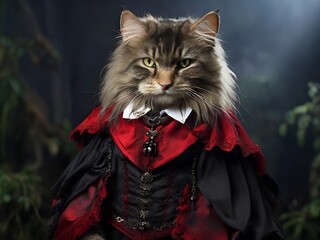  Norwegian Forest cat dressed as Count Dracula vampire ,AI generated