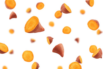 Wall Mural - Falling Sweet Potato, yam, isolated on white background, selective focus