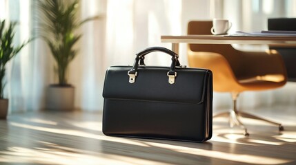 Wall Mural - A black briefcase lying on a modern office desk, symbolizing professionalism, business, and success