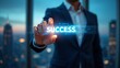 © Rax Qiu - A businessman touches a glowing holographic 'SUCCESS' display in front of a city skyline