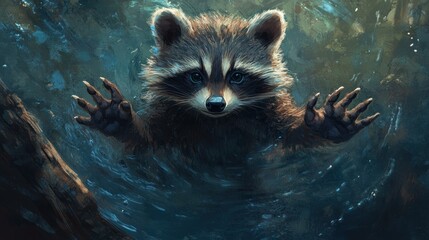 Wall Mural - A Raccoon Reaching Out from a Dark, Watery Depth