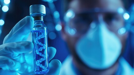 A close-up of a scientist holding a vial of blue liquid with a 3D DNA structure in the background, symbolizing healthcare innovation