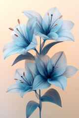 Poster - Stylized lilies with elongated, wavy petals in shades of pastel blue and green, arranged in a rhythmic, flowing pattern, set against a pastel yellow background,