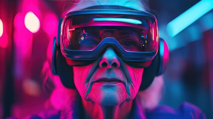 A senior woman wearing VR goggles and headphones, illuminated by neon lights.