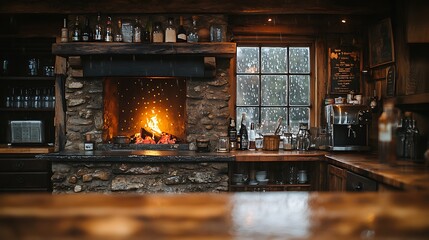 Canvas Print - A rustic kitchen with a glowing fire in the stone hearth, wooden beams, raindrops visible through the window, creating a cozy atmosphere. Warm light from the fire illuminates the rain-streaked glass,