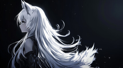 A white anime-style girl with long hair, white fox ears on her head, and a tail behind her back, depicted in a dark setting