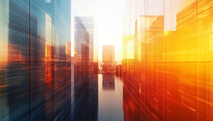 3D rendering of a modern glass skyscraper with the reflection of other buildings at sunset. A business concept background.