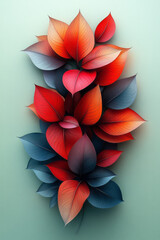 Poster - A series of overlapping 3D geometric leaves in shades of deep red and orange, layered to create a cascading effect, set against a pastel green background,