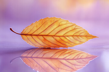 Poster - An abstract floating 3D leaf with metallic reflections in shades of copper and gold, casting soft shadows on a pastel lavender background,