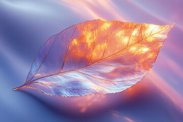 Poster - An abstract floating 3D leaf with metallic reflections in shades of copper and gold, casting soft shadows on a pastel lavender background,