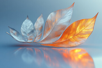 Poster - An abstract floating 3D leaf with metallic reflections in shades of copper and gold, casting soft shadows on a pastel lavender background,