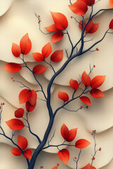 Poster - A 3D composition of intertwined abstract branches and leaves in shades of deep red and soft brown, gently flowing in a rhythmic pattern, set against a pastel beige background,