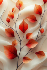 Poster - A 3D composition of intertwined abstract branches and leaves in shades of deep red and soft brown, gently flowing in a rhythmic pattern, set against a pastel beige background,