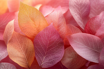 Poster - A collection of 3D floating leaves with delicate textures in shades of muted red, orange, and brown, gently overlapping in a layered composition, set against a pastel pink background,