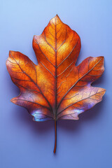 Poster - A geometric 3D oak leaf with sharp edges and a metallic finish in bronze and copper tones, isolated on a pastel lavender background,