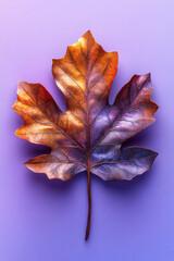 Poster - A geometric 3D oak leaf with sharp edges and a metallic finish in bronze and copper tones, isolated on a pastel lavender background,