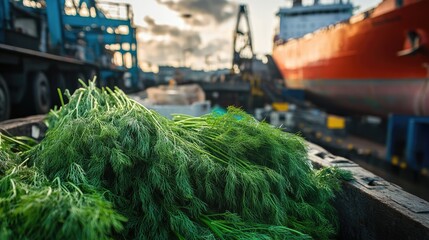 Fresh dill bundled next to a cargo ship at a busy port, ready for export to global markets, highlighting international food distribution