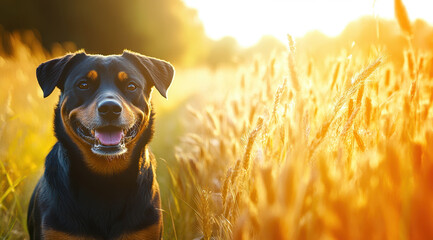 Wall Mural - Happy Rottweiler dog standing in a field of golden wheat during sunset