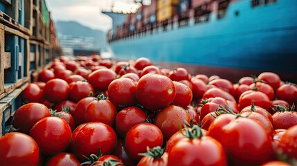 Canvas Print - Fresh tomatoes packed and lying beside a cargo ship, ready for global transport, symbolizing the worldwide agricultural supply chain