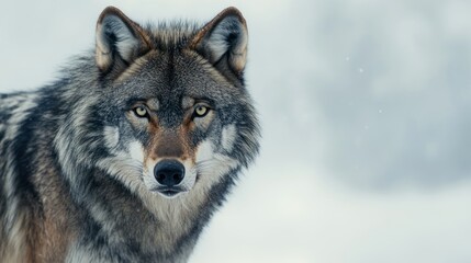 Poster - Close-up Portrait of a Wolf in a Snowy Environment