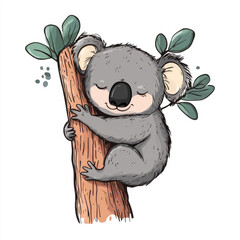 A sleepy koala hugging a tree simple doodle illustration