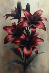 Poster - A collection of deep burgundy lilies with black edges, softly illuminated to reveal their velvety petals, isolated on a pastel beige background,