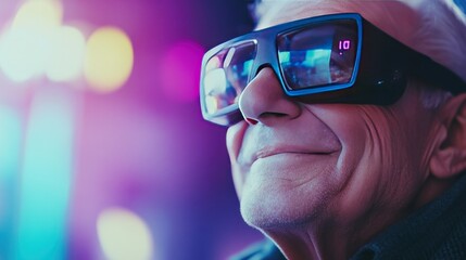 Close-up of a senior man wearing VR glasses with a smile on his face, enjoying a virtual reality experience.