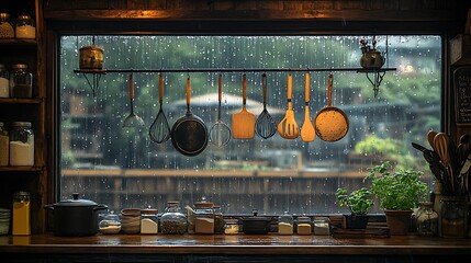 Antique kitchen utensils hanging near a rain-drenched window, raindrops glistening on the glass. The soft light inside contrasts with the cool, rainy scene outside, creating a peaceful,