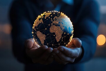 Wall Mural - A glowing globe held in hands, symbolizing connectivity, technology, and global networking in a digital age.