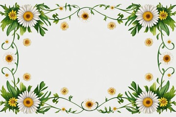 Seamless Watercolor Border Design Featuring Happy Daisies and Green Vines on White Background