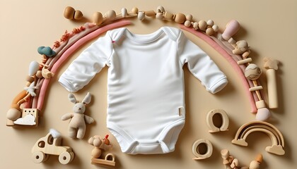 Stylish Baby Bodysuit Mockup Featuring Colorful Wooden Beads and Playful Toys on Soft Beige Background