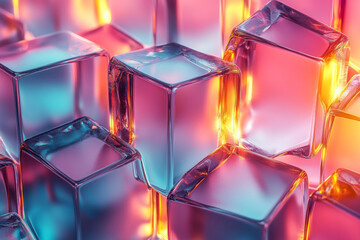Aufkleber - An arrangement of overlapping 3D pentagons with glowing edges and soft shadows, illuminated by light streaks in hues of teal and yellow, isolated on a pastel pink background,