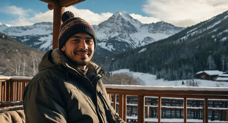 Wall Mural - Content Hispanic male enjoying mountain lodge with snowy view background