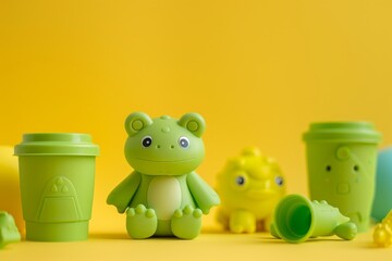 A cute green toy frog among other green toys on a yellow background, creating a whimsical and cheerful scene that evokes playfulness and childhood innocence.