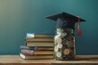 © Tixel - A motivational image showing a jar filled with coins, topped with a graduation cap, symbolizing saving for education, with a stack of books beside it against a teal backdrop.