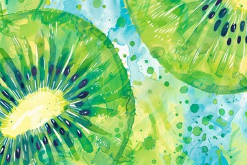 A beautiful abstract watercolor painting depicting vibrant kiwi slices against a splattered blue background, merging organic forms with fluid artistic expression for visual delight.