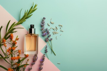 A chic perfume bottle highlighted against a pastel backdrop, accompanied by sprigs of lavender and other delicate flowers, creating a serene and aromatic visual.