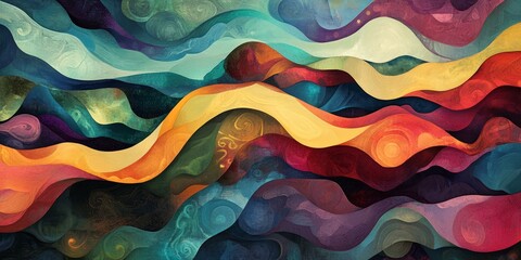 Abstract painting with colorful swirls.