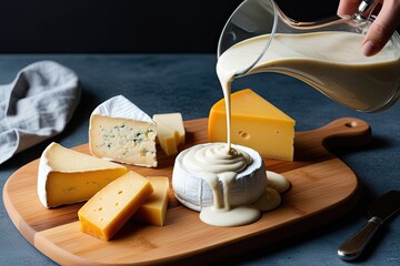 Wall Mural - Delicious Dairy Stream with Flavorful Sauce and Elegant Cheese Board Swirl