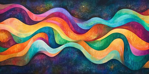 Wall Mural - Abstract painting with colorful waves on dark background.